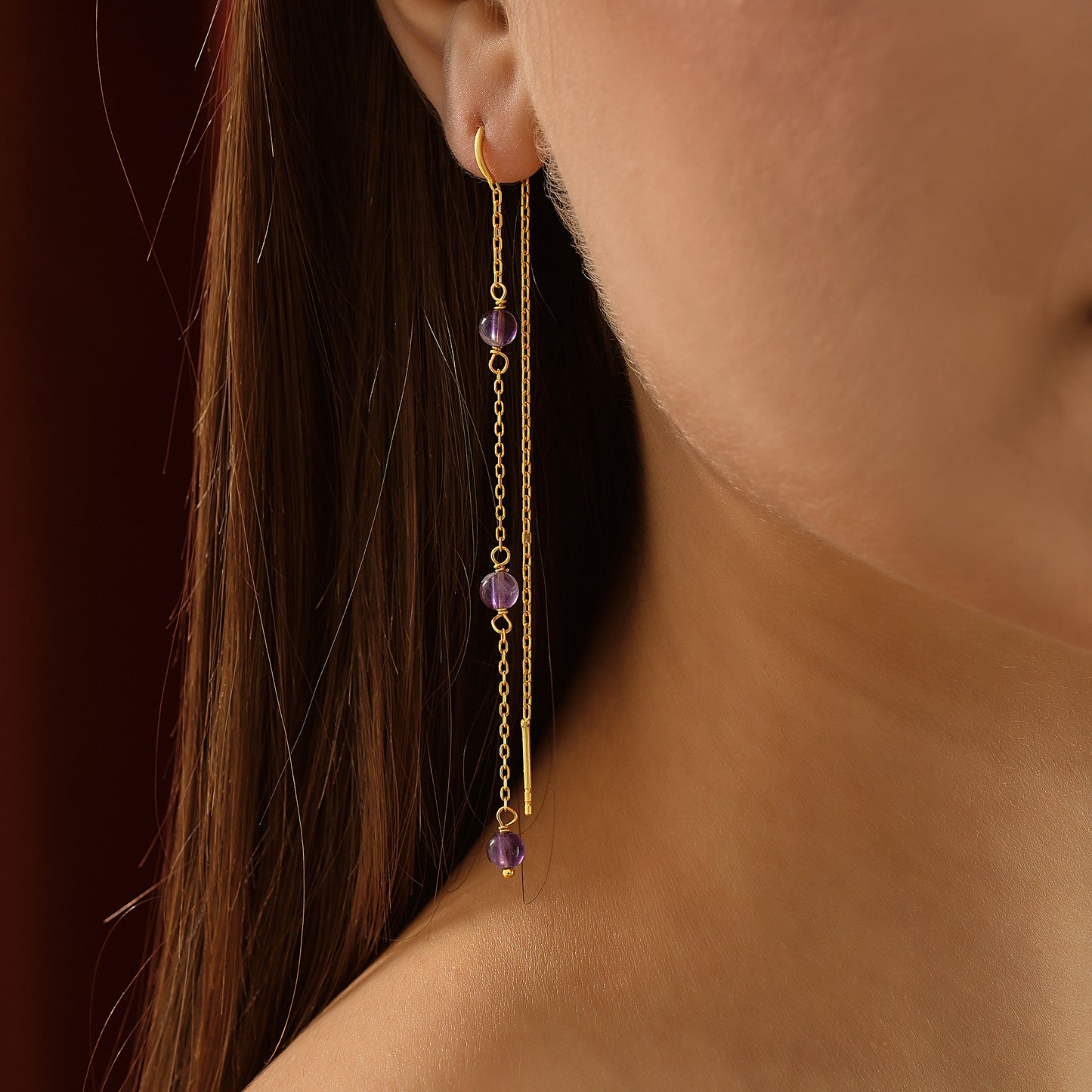 Elegant Long Chain Earrings with Amethyst Beads – Dangle Earrings