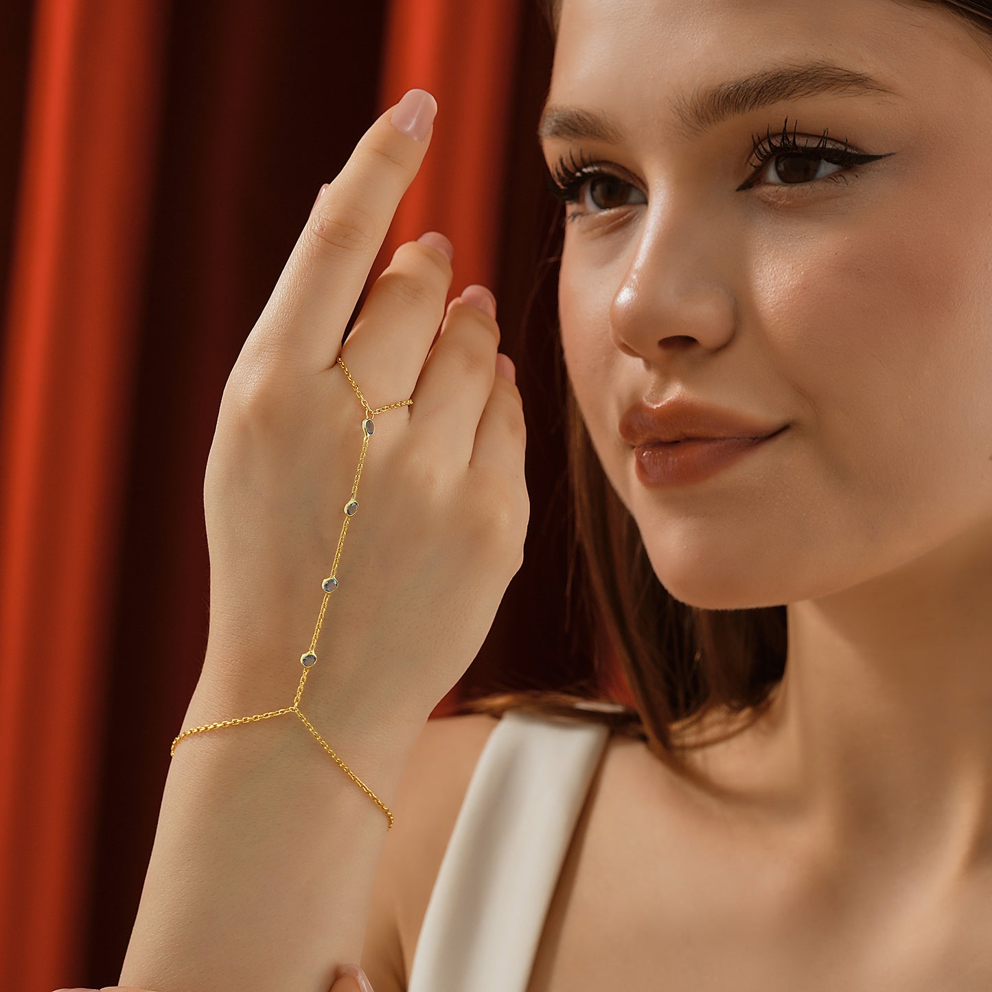 Dainty Hand Chain Bracelet with Blue Opal – Elegant Slave Bracelet